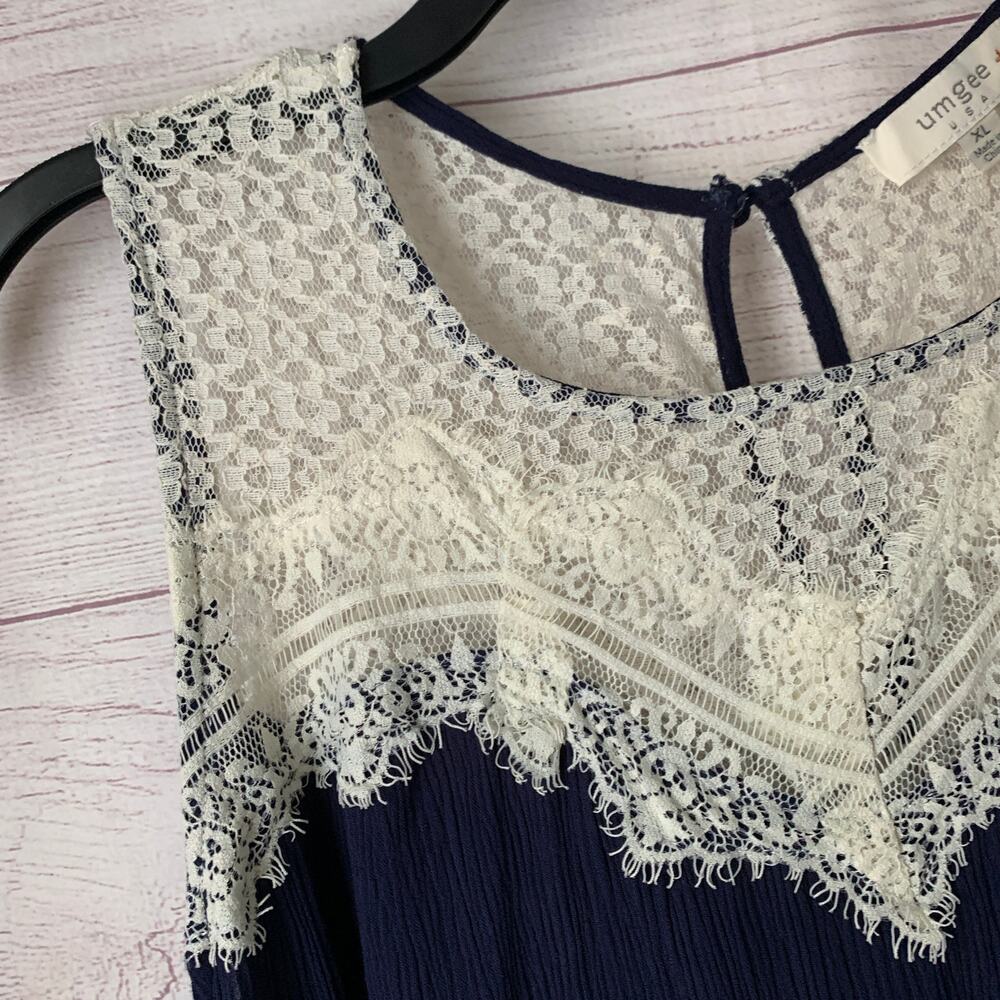 Umgee Navy Blue and Cream Lace Tunic Swing Dress Sleeveless Size XL - Picture 13 of 16
